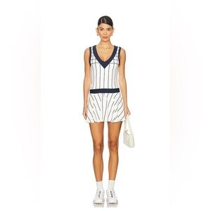 Striped V-Neck Pleated Tennis Dress in White and Navy WeWoreWhat
